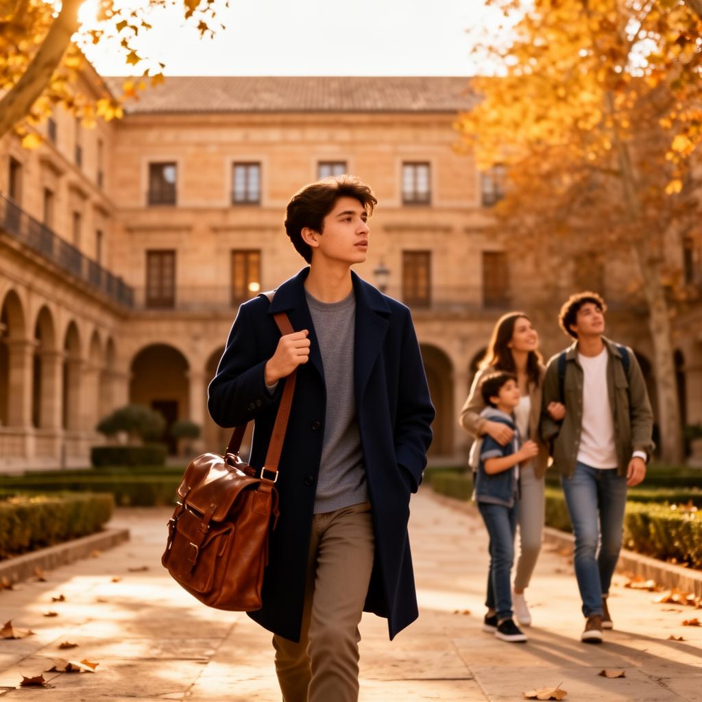 Estudiante internacional caminando con confianza por un campus europeo en Madrid, con una familia explorando al fondo